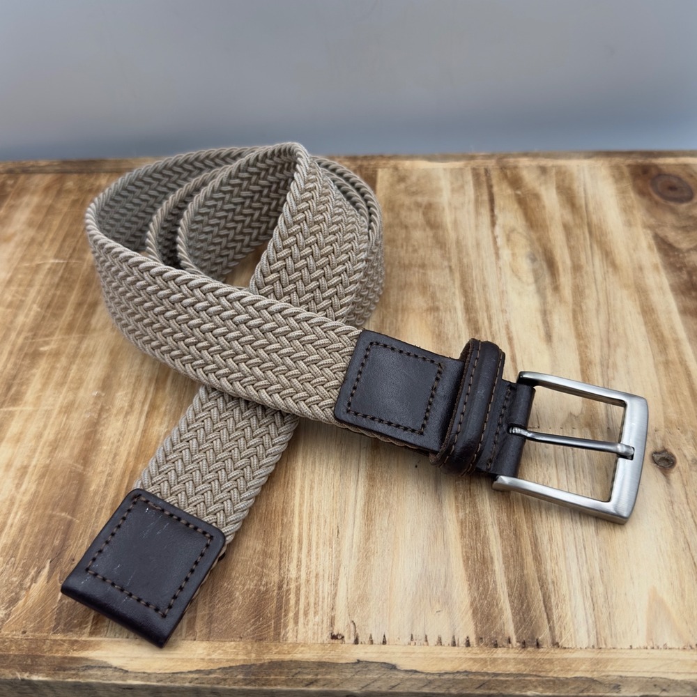 Woven Stretch Belt Tan Brown Leather Trim Braided Elastic Medium 34-36 Coastal